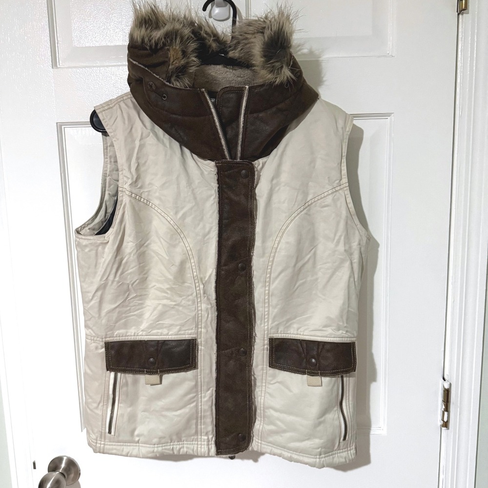 KUHL Projekt Womens Large Cream Brown Faux Fur Hooded Fleece Lined Vest